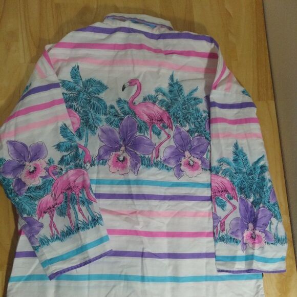 Vintage Touche L.A. Striped Flamingoes Floral Button Down Shirt - Picture 6 of 7